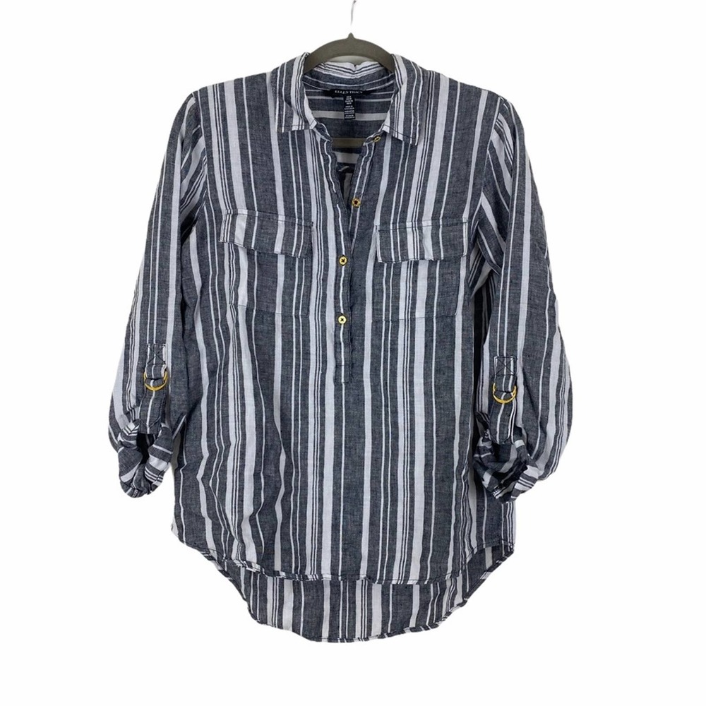 Ellen Tracy Striped Linen Roll Sleeve Top Size Medium